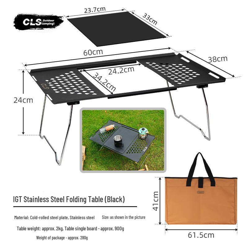 CLS Camping Stainless Steel Folding Outdoor Table with Storage Rack and Picnic Mesh