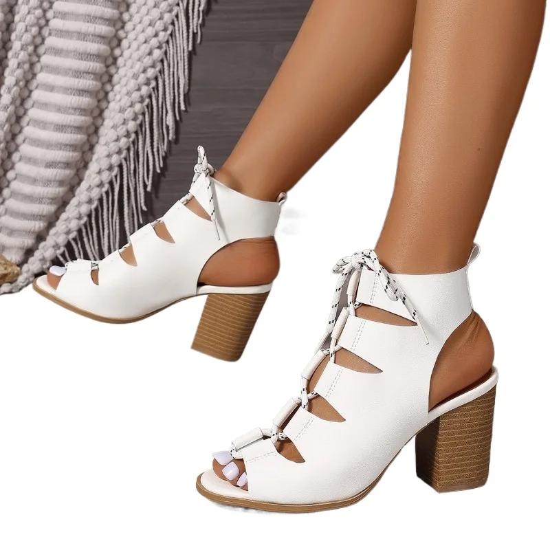 Ladies Shoes 2024 High Quality Lace-up Women's Boots Fashion Peep Toe Office and Career Summer Solid Heeled Sandals Bootszapatos