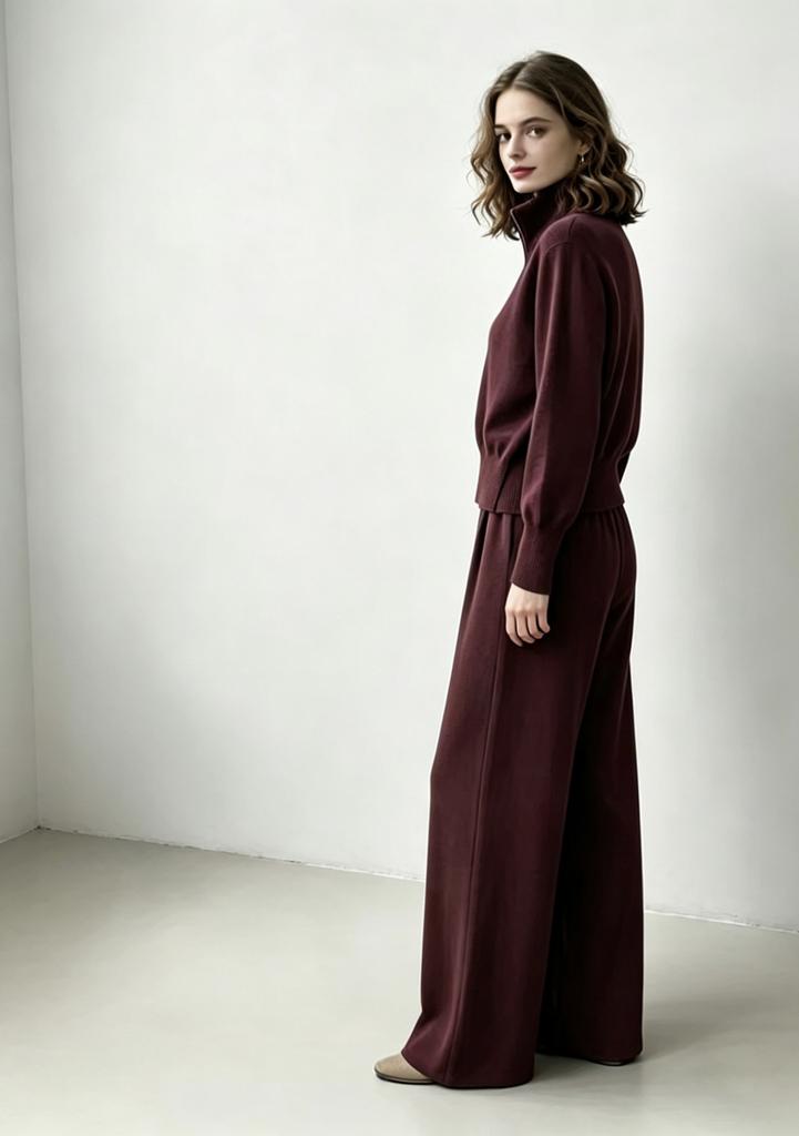 European and American casual knit set: women's half-zip sweater + high-waisted wide-leg pants, weighty two-piece set