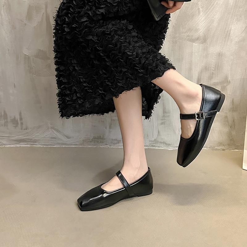 Fashion Mary Jane Shoes Female High Quality Buckle Ballet Shoes for Women Square Toe Flat Cowhide Ladies Single Shoes 2025