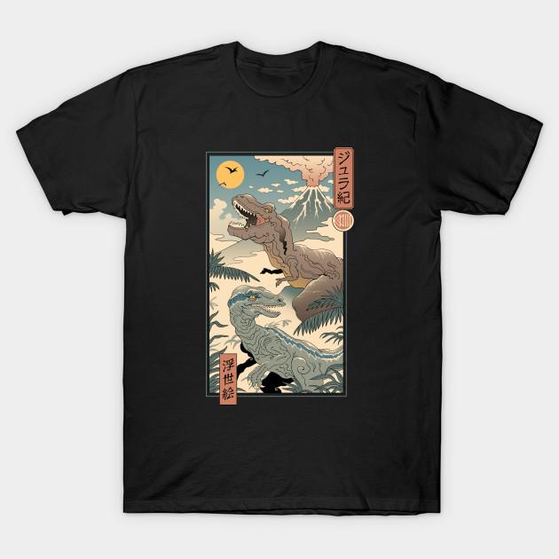 

Men Black Print T-shirt Jurassic Ukiyo-E 2 No-Cut Transfer Paper Print Cotton Tshirt 4XL чорний