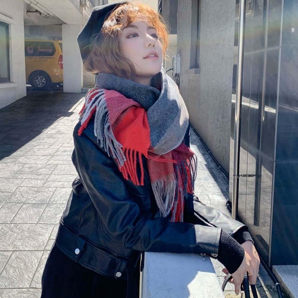 Polyester Classic Plaid Scarf Soft Long Neckscarf with Tassel Large Knitted Wool Scarf  Winter