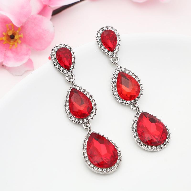 Korean Style Festive Red Teardrop Tassel Earrings with Rhinestones