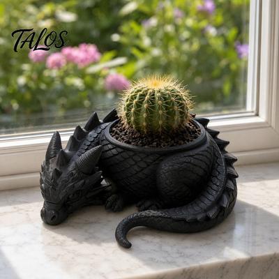 Vaso Portafiori Drago Sdraiato Stampato 3D Talos per Piccole Piante Verdi, Ornamento Decorativo per Vasi di Succulente, Statuetta Stile Oscuro per Casa Ufficio Scrivania