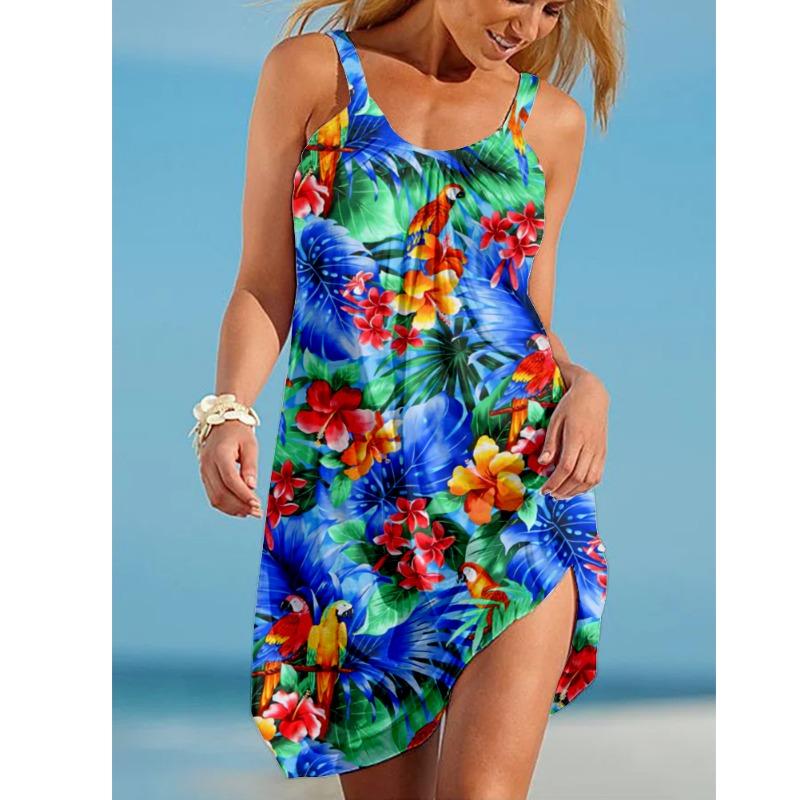 Sunflower Parrot Print Strap Mini Beach Dress Women Boho Summer Sexy Floral Dress Sleeveless Party Evening Dresses