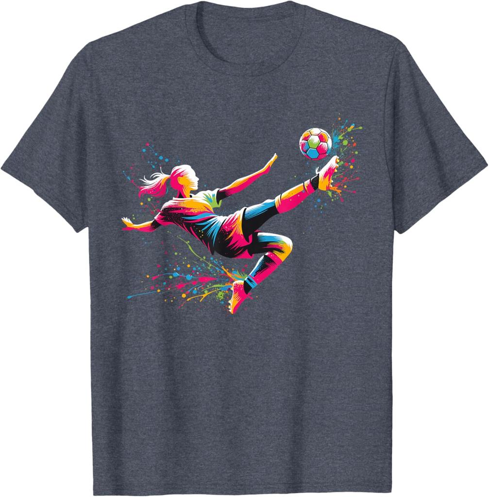 Colorful Splatter Soccer Player Kick Graphic Tee Breathable Cotton Daily Tshirt For Unisex