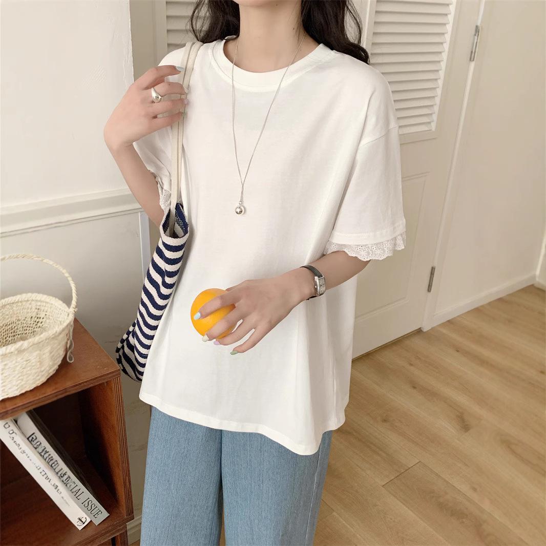 

Летняя хлопковая футболка 2025 с милой кружевной отделкой - Круглый вырез, Короткий рукав, Средней длины One Size белый