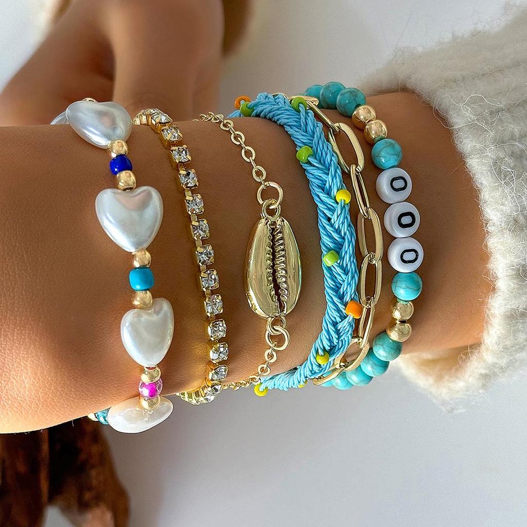 Cross Border Bohemian Style Imitation Turquoise Bead Shell Bracelet Vacation Style Letter Imitation Pearl Bracelet Set