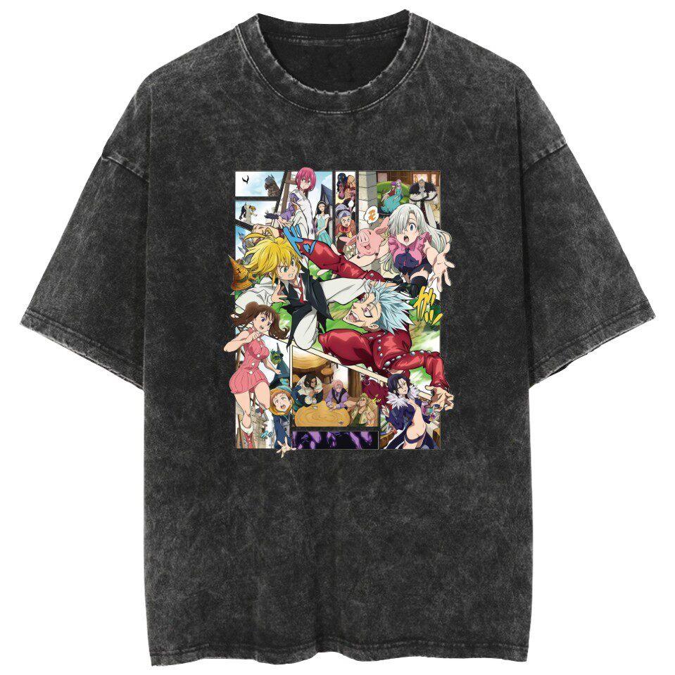 Hot Washed T-shirt "The Seven Deadly Sins" - Cartoon Loose Couple Short Sleeve Shirt