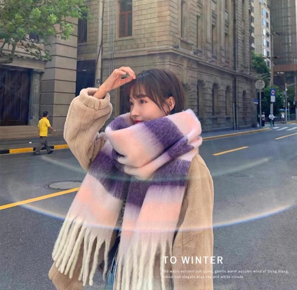 Trendy Stripete Tykt Skjerf med Frynser Tykt Kuldebeskyttende Rutete Store Skjerf Klassisk Vindtett Sjal For Kvinner Høst & Vinter