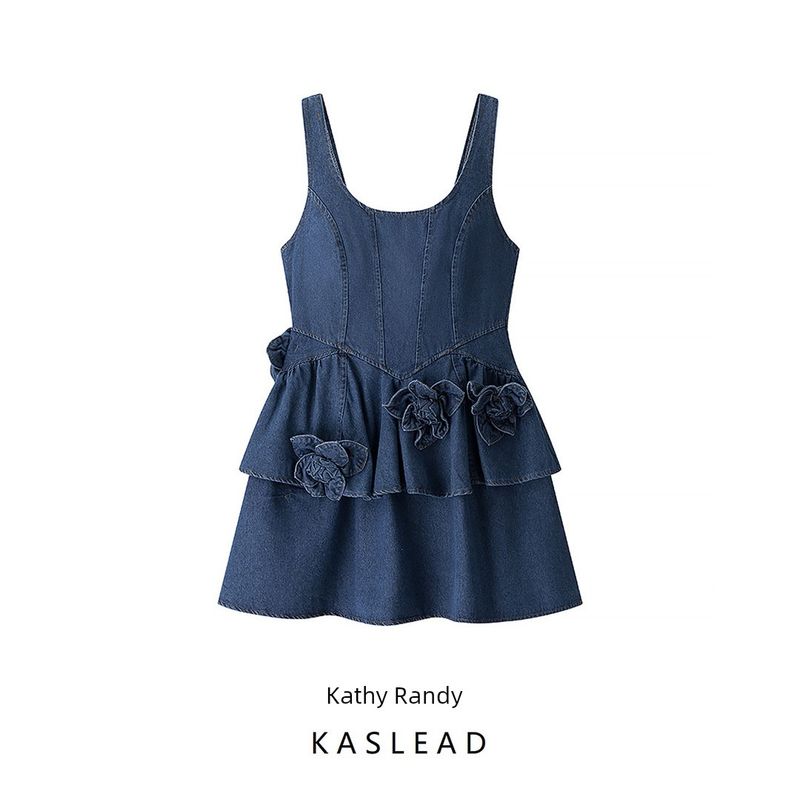 Kaslead New Women Clothes Western Style Fashion Simple Short Flower Demin Dress