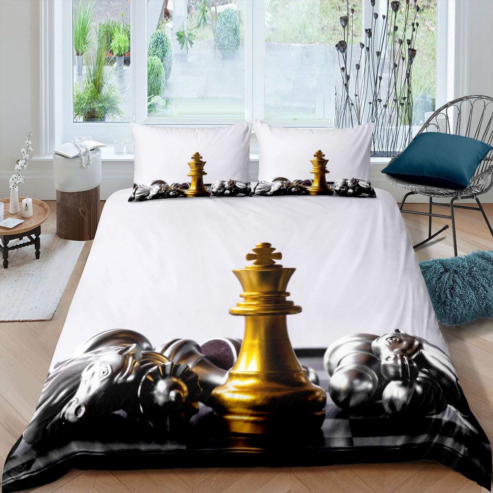 International Chess Duvet Cover Set Queen Size Chess Lovers Bedding Set for Boys Adults Microfiber Black Base 2/3pcs Quilt Cover