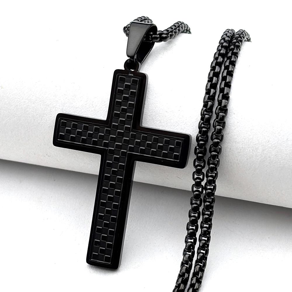 Christian Checkered Jesus Cross Pendant Necklace for Man Women Stainless Steel Gold Color Amulet Faith Hip Hop Chain Jewelry