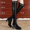 Women Embroidered Lace Knee Bare Boots Square High Heel Casual Long Tube Booties Lady Sexy Over Knee Thigh High Shoes Autumn