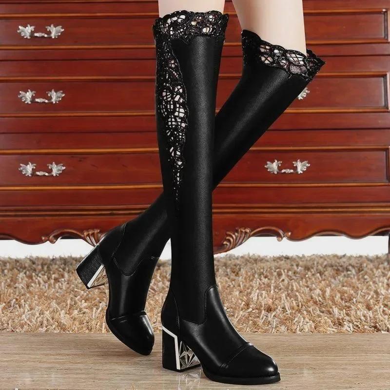 Women Embroidered Lace Knee Bare Boots Square High Heel Casual Long Tube Booties Lady Sexy Over Knee Thigh High Shoes Autumn