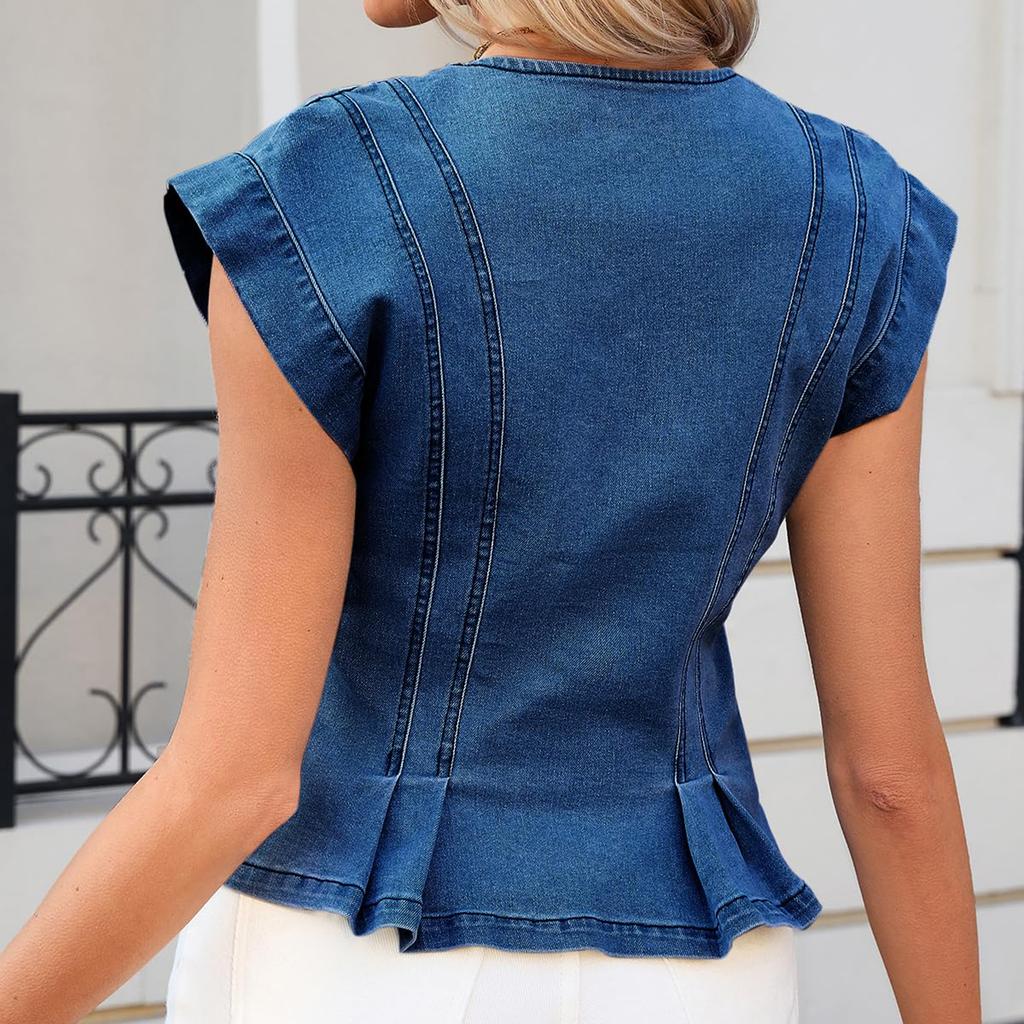 Ladies' Fashionable Casual Buckle Slim Fit Pleated Sleeveless Denim Top
