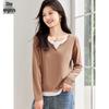 Women's V-Neck Faux Two-Piece Contrast Stitching Casual T-Shirt