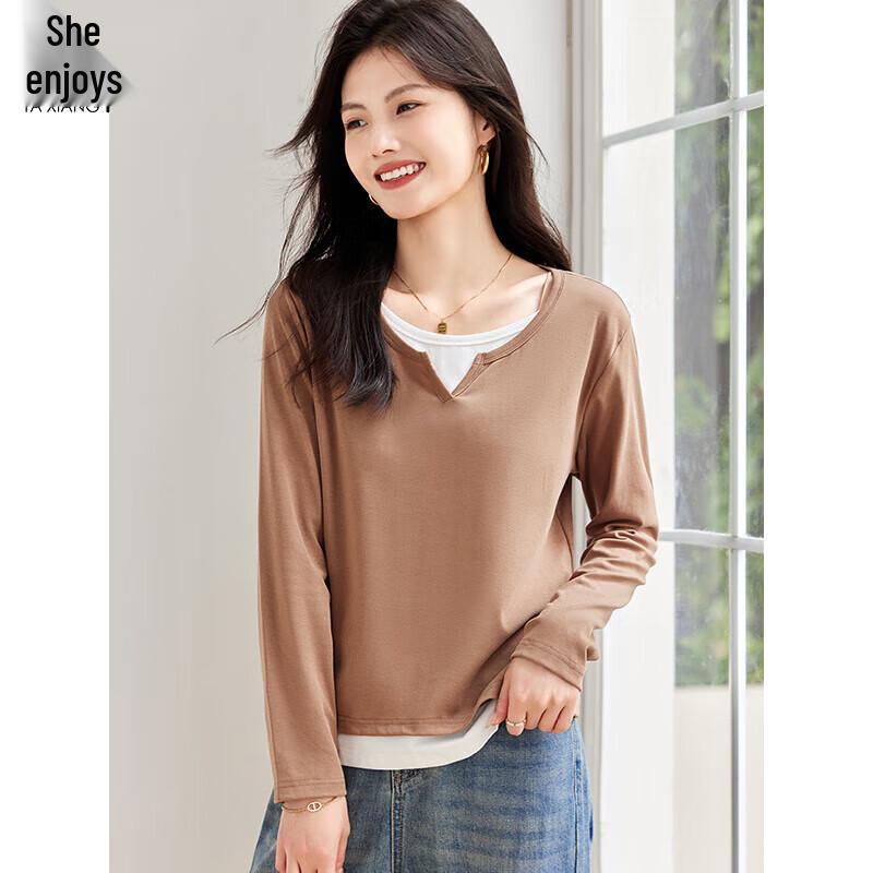 Women's V-Neck Faux Two-Piece Contrast Stitching Casual T-Shirt