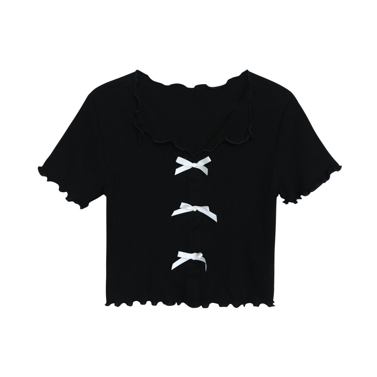 

Летний новый стиль Bm Style короткая облегающая футболка с V-образным вырезом и бантом-грибком One size