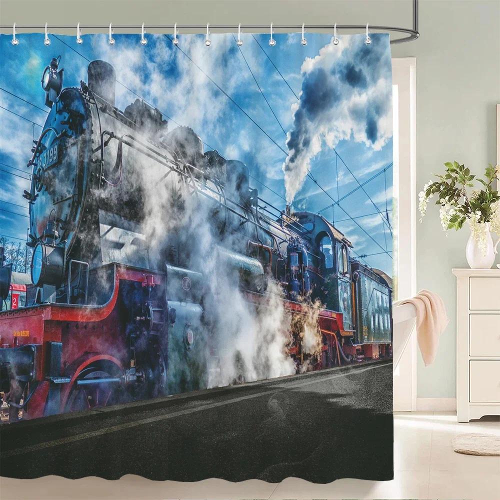 

Retro and old age of steam train Shower Curtain 3d printed polyester fabric Waterproof Bathroom Curtain Decoration With Hooks 90x180cm
