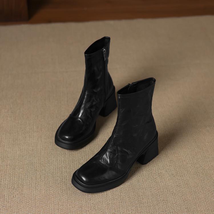 Giant Soft Inside and Outside Full Leather Square Heel Round Head Side Zipper Chelsea Boots Top Leather Retro Platform Short Boots Martin Boots