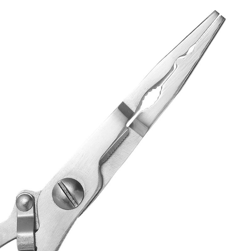 Extra Long Stainless Steel Fishing Pliers with Flat Nose, Line Cutter, and Fish Control Functions.