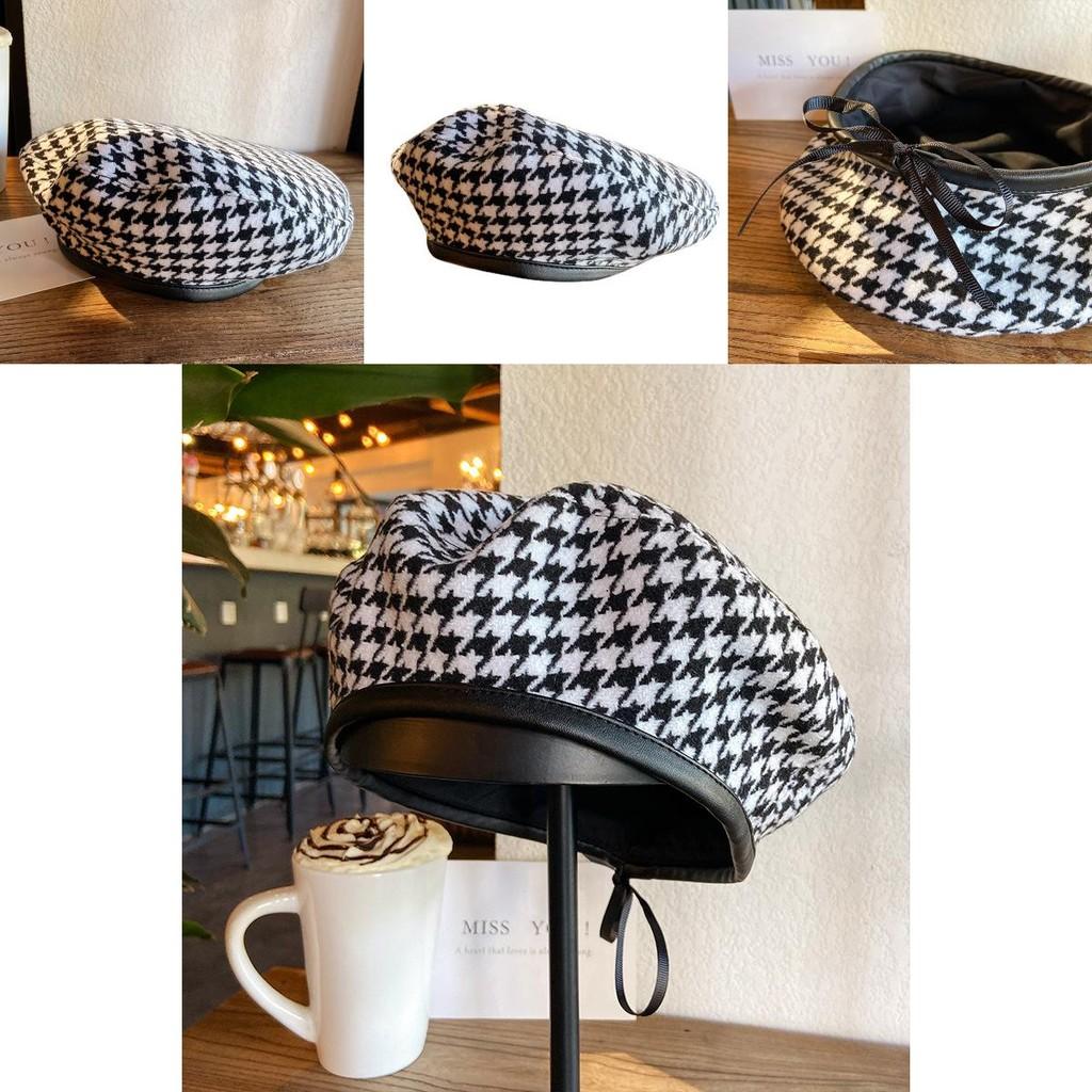 Elegant Casual Houndstooth Beret Women's Flat Top Summer Hat In Black