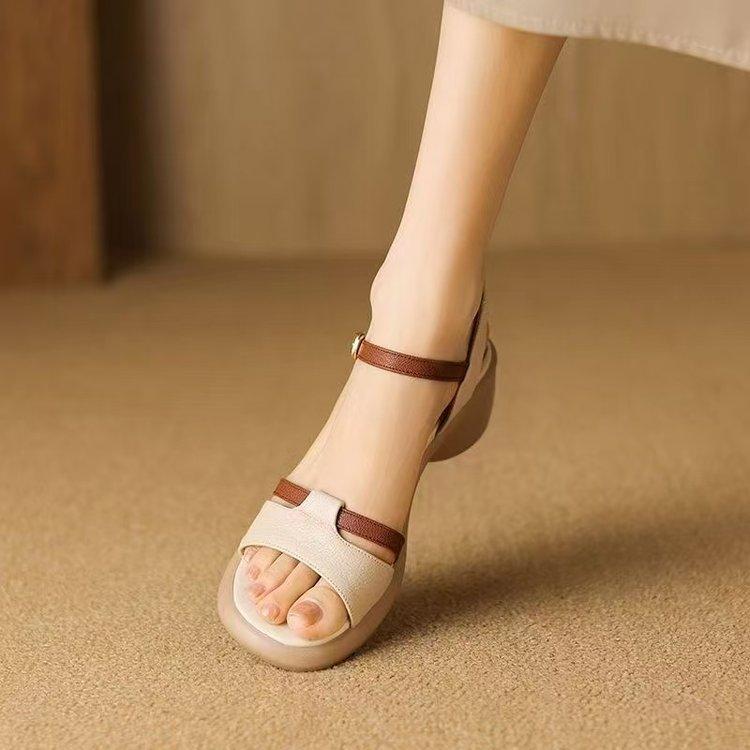 

[Youshilai] Women s 2025 new summer thick heel color matching retro open-toed shoes with sandals 40