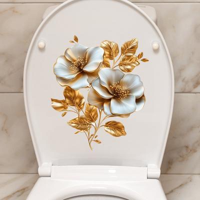 Golden Flowers Bathroom Wall Stickers For Toilet Sticker Wc Accessories Bathroom Decor Room Decor Wall Decor Adhesive Wallpaper