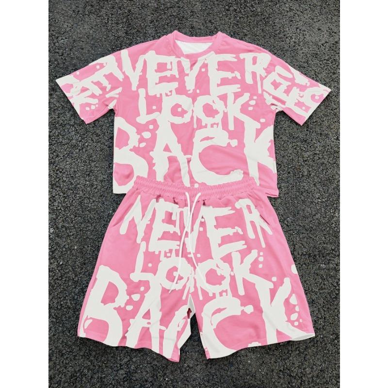 Fashion Men s Black and White Flower Graphic Print T-shirt Shorts 2-piece Set O-neck XXS