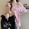 Large size bow off-the-shoulder splicing short-sleeved t-shirt women's summer new loose and versatile and thin meat-covering short top