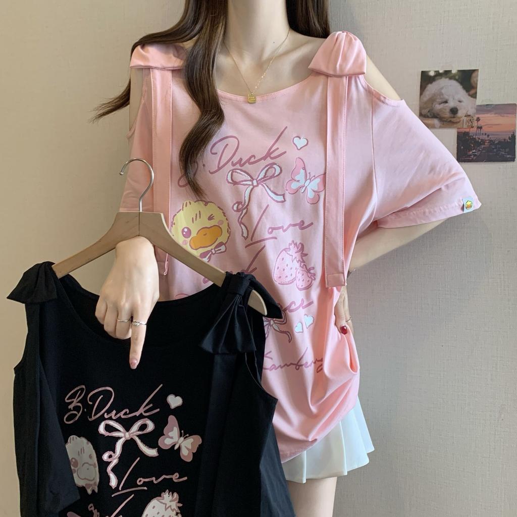 Large size bow off-the-shoulder splicing short-sleeved t-shirt women's summer new loose and versatile and thin meat-covering short top