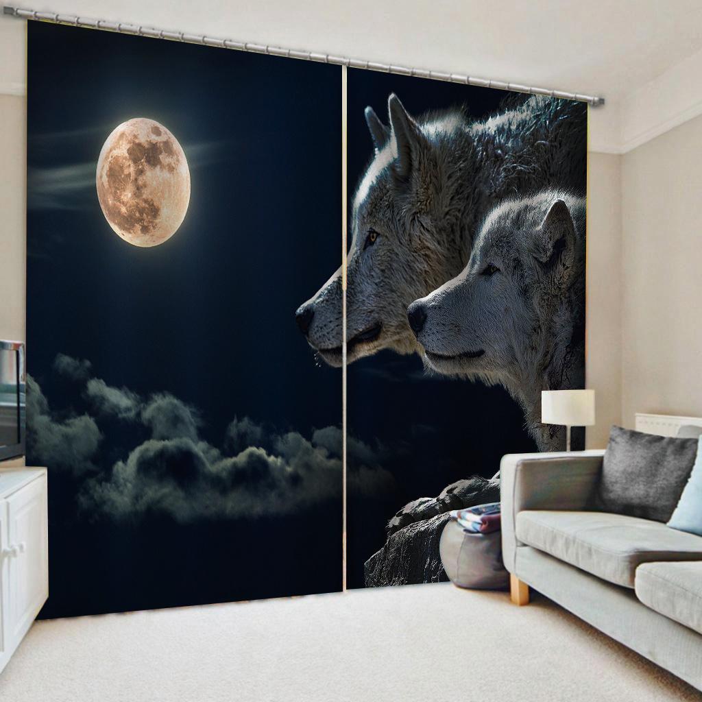 Wild Wolf Animal Round Shiny Moon Cheap Window Curtains Blinds For Living Room Kids Bedroom Bathroom Kicthen Door Home Decor2Pcs