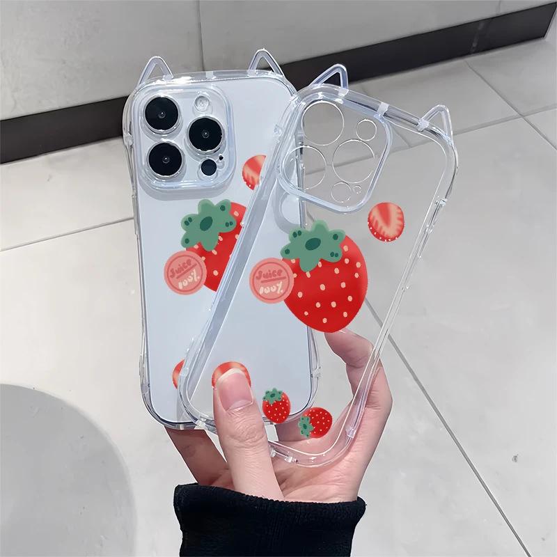 Fresh multiple strawberries iPhone17Promax mobile phone case cat ears for Apple Air transparent 16/15 soft
