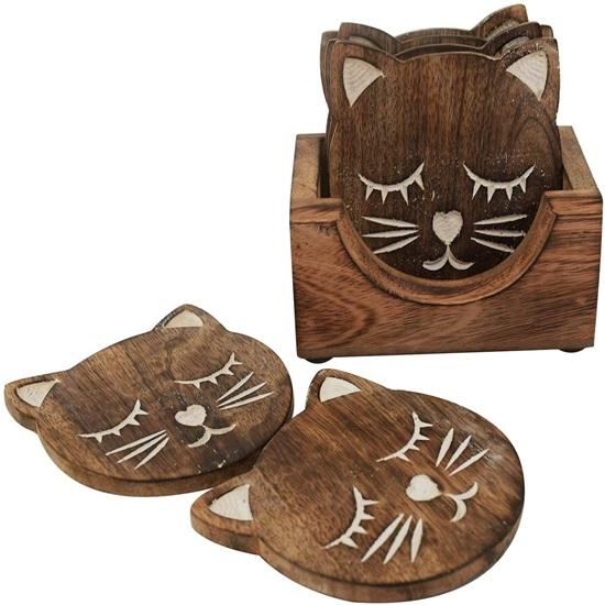 11 Cm Wooden Handcrafted Cat Design Coasters for Drinks Hot Cold Wooden Coaster Sets with Holder Dining, Tea Coffee Table Decorative Cocktail Coasters