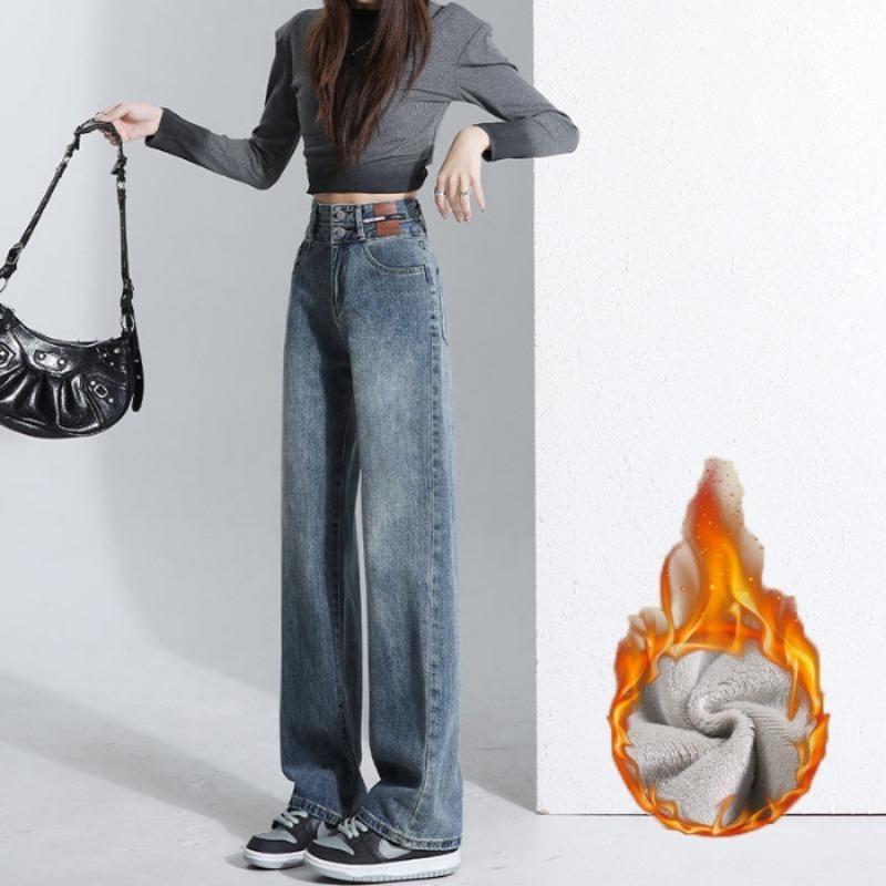 

Джинсы с широкими штанинами для девочек в стиле ретро, синие, весна и осень, новые, зимние, с подкладкой, с высокой талией, тонкие, узкие, прямые брюки 2XL серый/синий