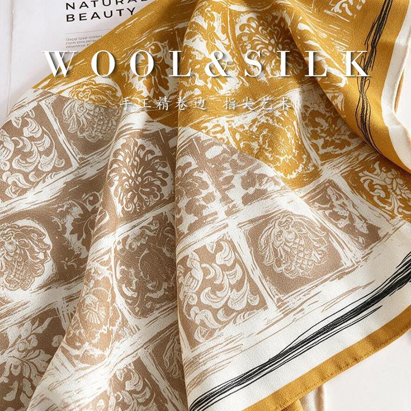 Retro silk wool square scarf silk blended women's autumn and winter versatile scarf accessories temperament silk scarf shawl