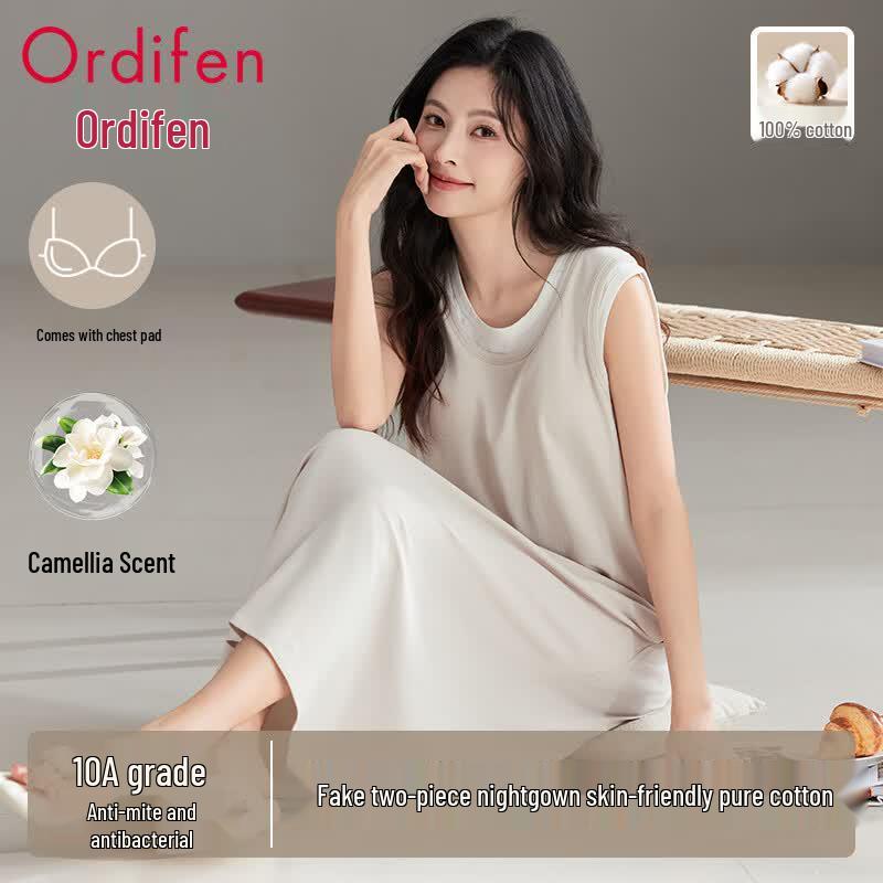 Audifen Women s Pure Cotton Sleeveless Sleep Dress L
