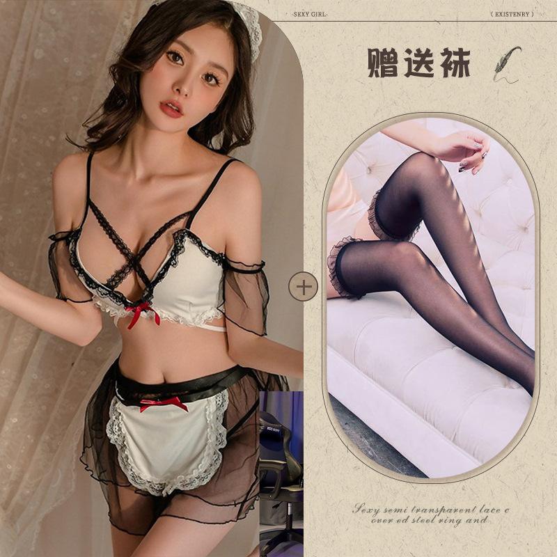 Mesh free sexy lingerie clothes maid uniform maid suit temptation pajamas black and white splicing