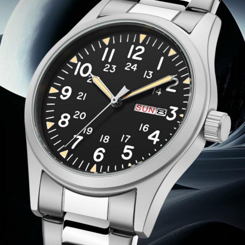 Heren 38mm Lichtgevende Wijzerplaat Dag Datum Horloge Licht op in het Donker Groen 30M Waterdicht Veldhorloge met Roestvrijstalen Band Beste Cadeaus Klok
