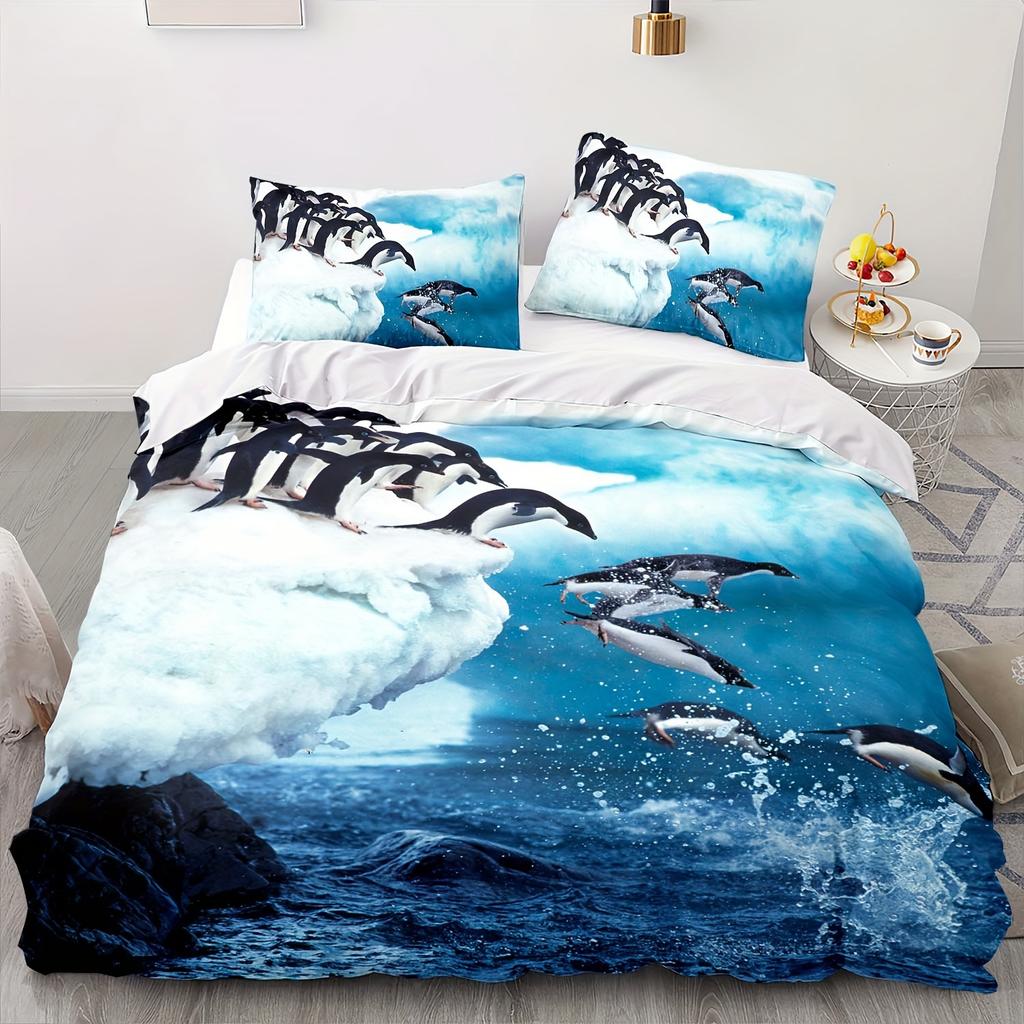Fun Penguin Duvet Set Cartoon Penguin Children'S Bedding Set Cute Polar Animal Three-Piece Set