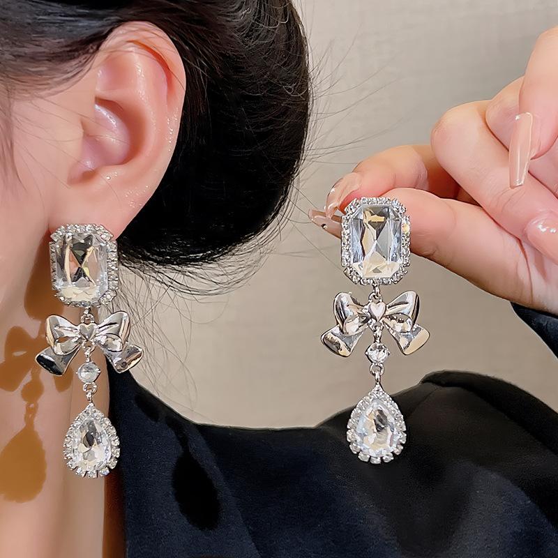 Sweet Heart Love Zircon Dangle Earrings for Women Elegant Romantic Bowknot Crystal Ear Accessories Exquisite Fine Jewelry Gifts