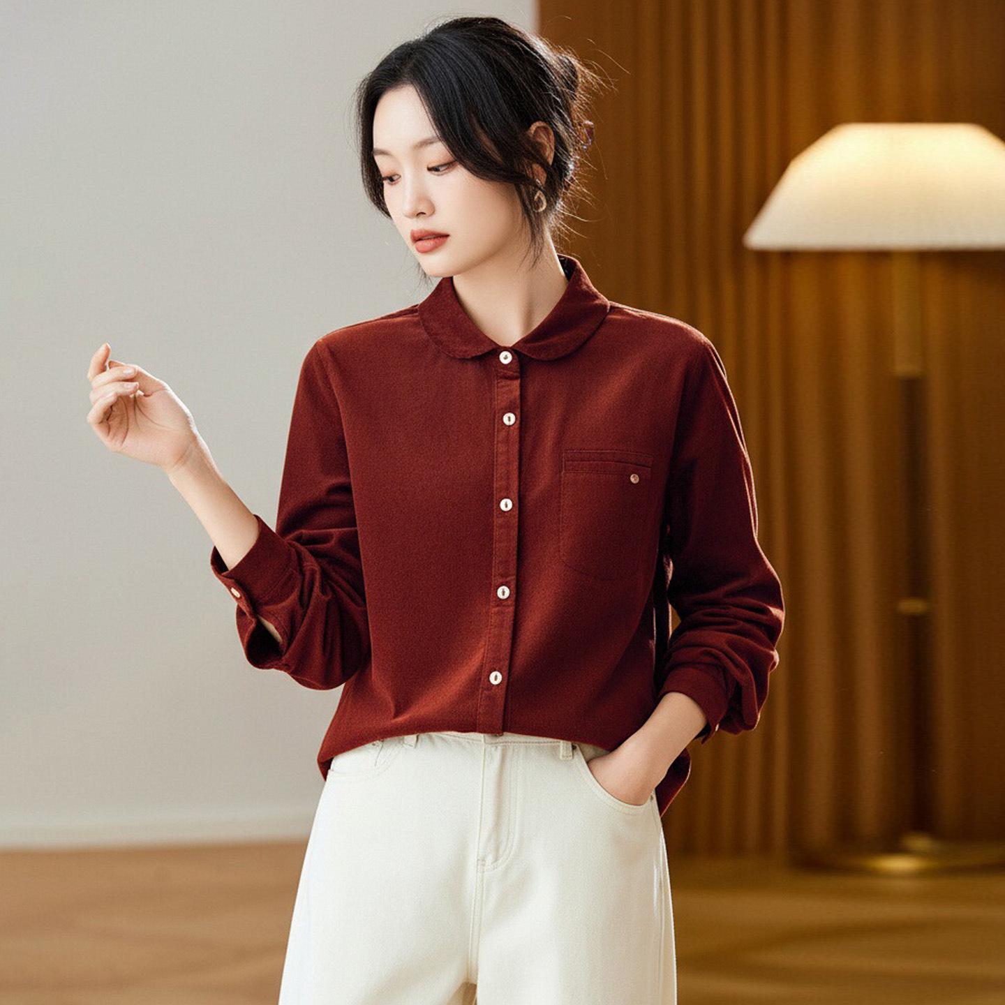 Women s Retro Cotton Cocoon Long-Sleeve Shirt - Brushed, Thickened, Versatile & Slimming for Spring/Autumn 2026 L вино красного
