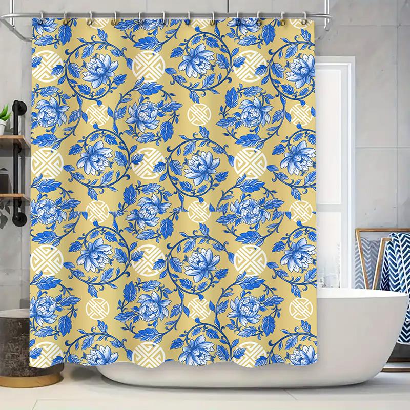 

Leafy Delight: Rustic Palm Leaf Shower Curtain Modern Bathroom Decor With Blue Brown Floral Pattern For Home Use (Size 180Cm X 2 W60H190(CM)-1 Pcs