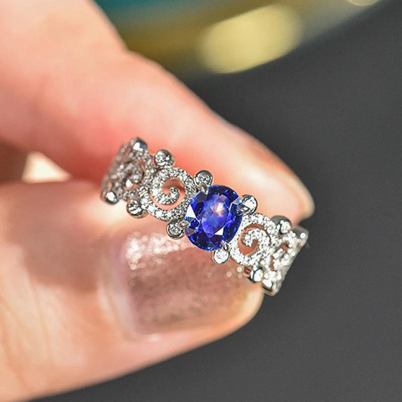Huitan Aesthetic Elegant Hollow Rings with Oval Blue Cubic Zirconia Wedding Anniversary Party Women Rings Luxury Trendy Jewelry