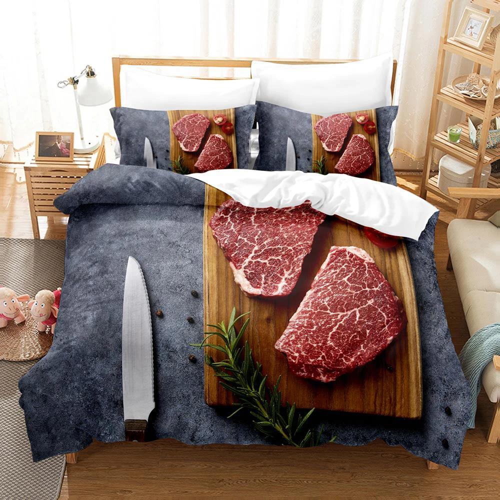 2024 Beefsteak Einzel Doppel Voll Queen King Size Bettwäscheset Jungen Schlafzimmer Bettdeckenbezug 3D-Druck Gourmet-Steak