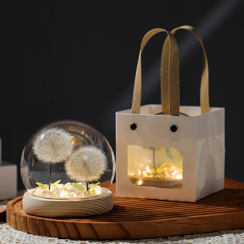 Luminous Dandelion Preserved Flower Bouquet Night Light in Glass Dome - Birthday Gift for Girls or Girlfriend