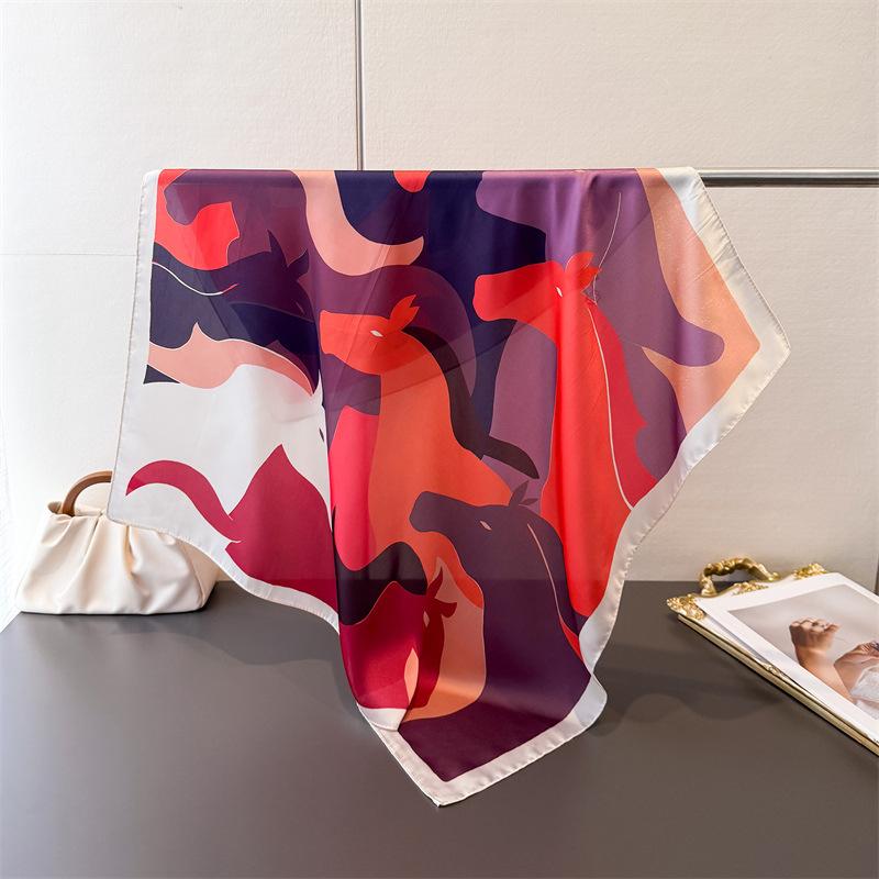 Luxury Horse Print Square Silk Scarf Women Neck Tie Soft Hijab Headscarf Female Fashion Decorate Head Scarf Foulard Bandana