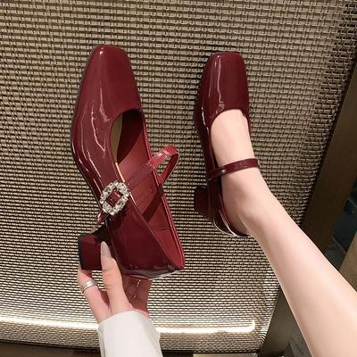 2024 Nackte High Heels Mary Jane Einzelne Schuhe Damen Französische Dicke Absätze Strass Ein Riemen Passender Rock Brautjungfer Hochzeit