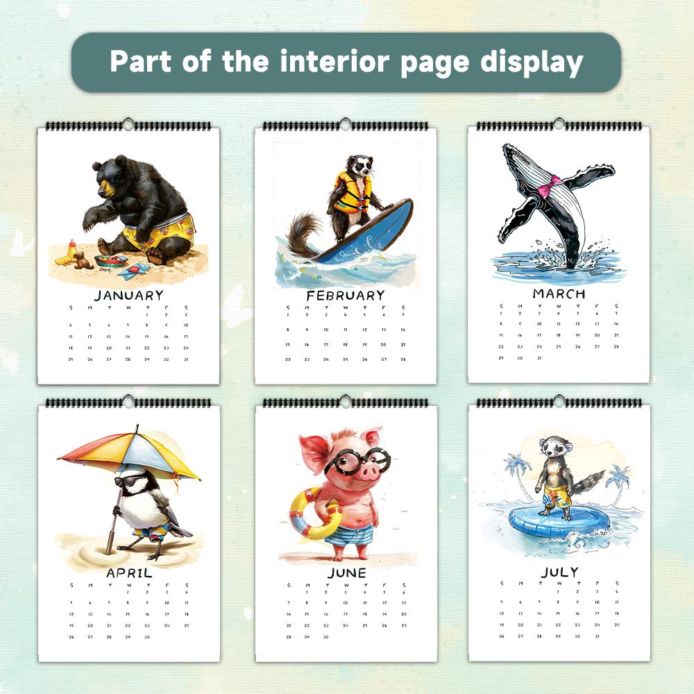 1pc Cartoon Animal Wall Calendar -Summer Seaside Theme, with 12 Different Designs, Suitable as a Gift for Christmas and New Year